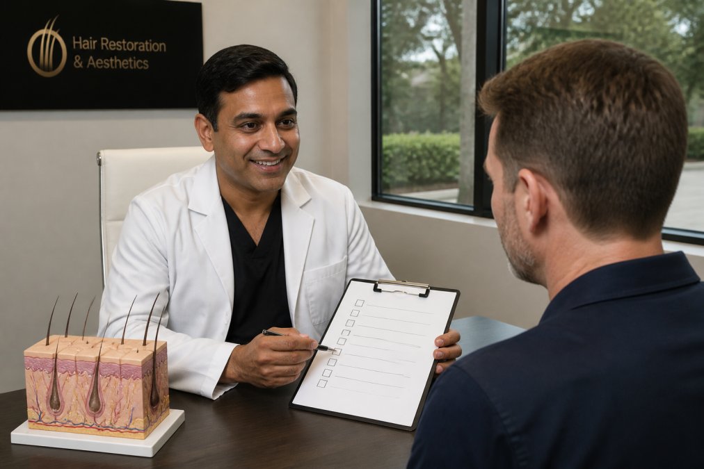 A patient sitting across from a board-certified physician in a bright, modern consultation room, reviewing a checklist on a clipboard with a scalp examination model visible on the desk
