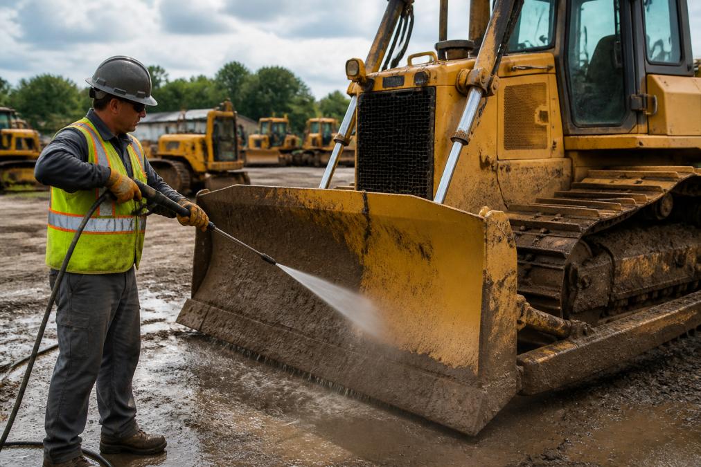 Worker in safety vest and gloves pressure washing the exterior of a yellow dozer, with high-pressure water spray visible removing layers of dirt and rust, revealing clean metal underneath