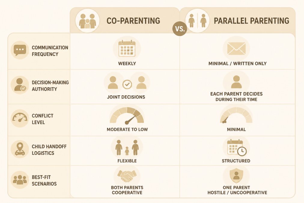 Comparison matrix showing co-parenting vs parallel parenting across five dimensions: Communication frequency (weekly vs minimal/written only), Decision-making authority (joint decisions vs each parent decides during their time), Conflict level (moderate to low vs minimal), Child handoff logistics (flexible vs structured), Best-fit scenarios (both parents cooperative vs one parent hostile/uncooperative)