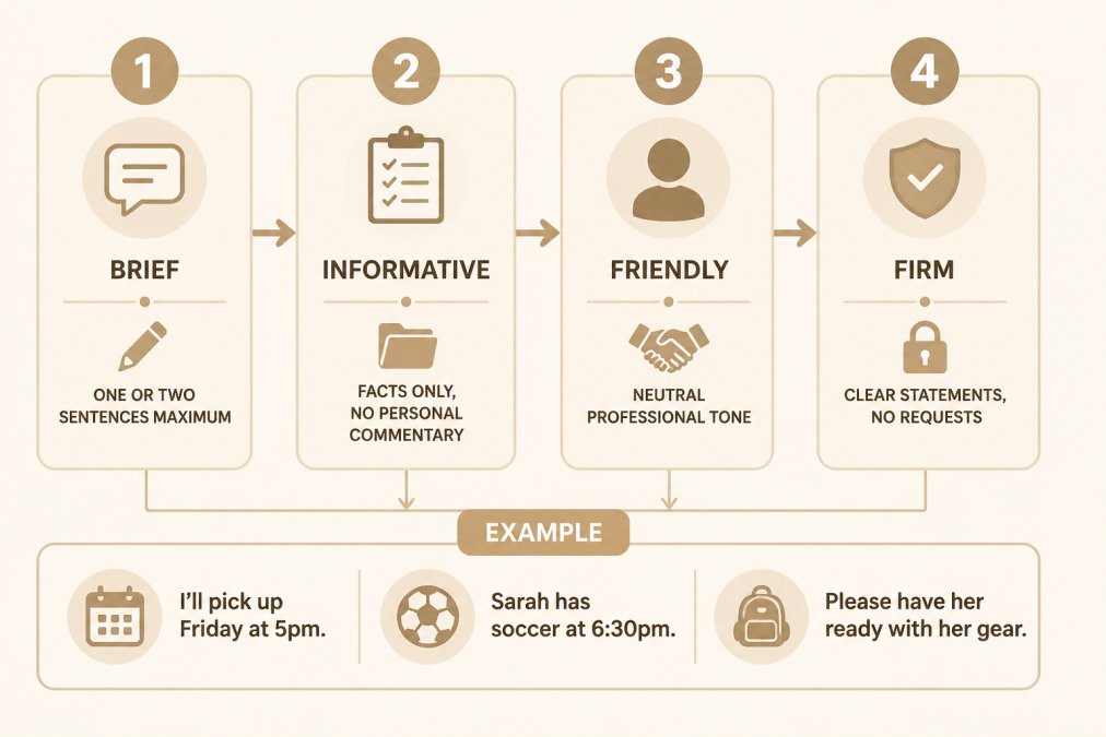 Four-step BIFF communication process flowchart showing Brief (one or two sentences maximum), Informative (facts only, no personal commentary), Friendly (neutral professional tone), Firm (clear statements, no requests) with example: "I'll pick up Friday at 5pm. Sarah has soccer at 6:30pm. Please have her ready with her gear."