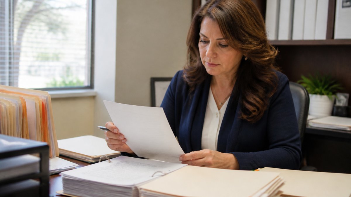 Healthcare administrator reviewing documents for a healthcare license application at a bright, organized desk.