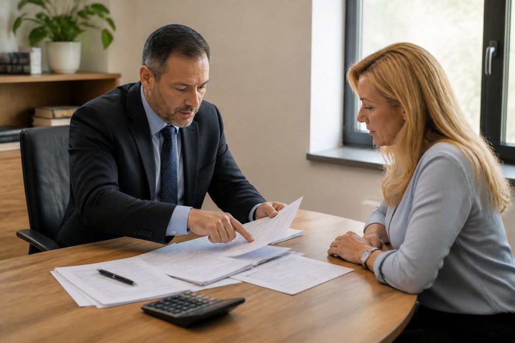 Professional tax advisor in business attire meeting with client at wooden desk, reviewing tax forms and documents together in bright modern office with natural window lighting