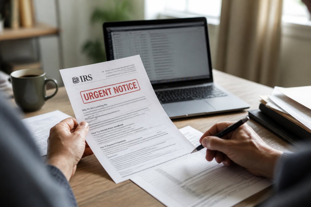 Close-up of hands holding IRS tax document with red warning stamp, laptop screen displaying suspicious email in background, pen poised over form, representing caution and document verification