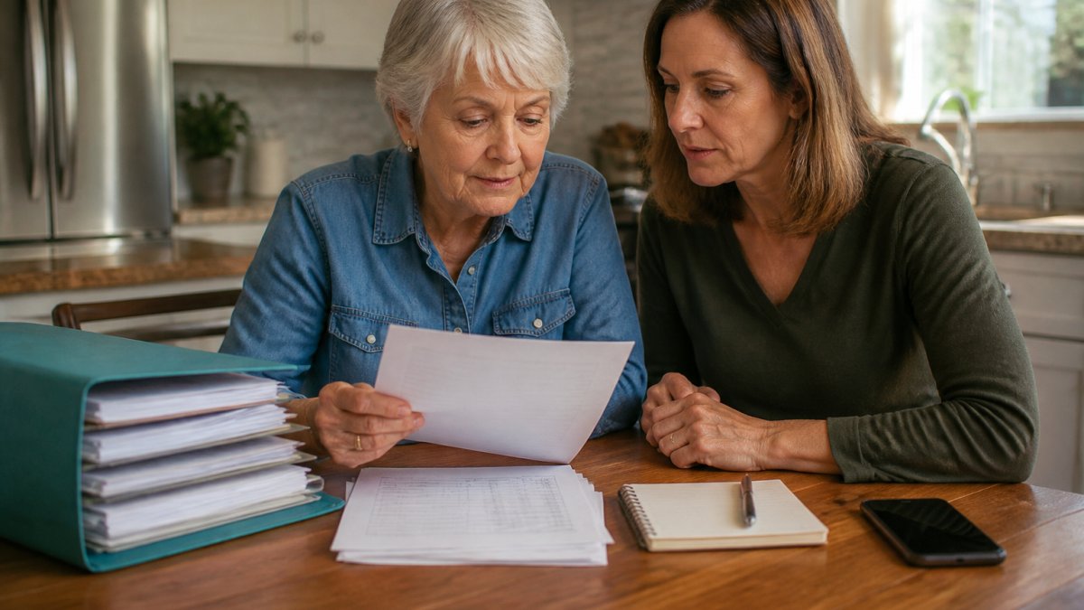 A senior woman at a kitchen table with a folder of Medicare documents, a notepad, and a phone, reviewing paperwork with a family member