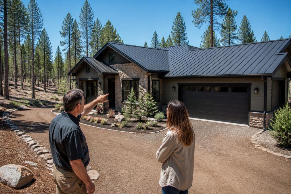 Professional showing fire-resistant metal roofing installation with cleared defensible space visible around the home's perimeter, demonstrating ember-resistant vents and hardened exterior