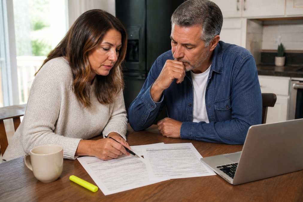 Infographic showing a person comparing insurance quotes by laying out policy documents side by side on a table.