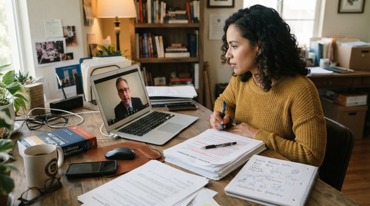 Small business owner meeting with attorney via video call on laptop, with commercial lease documents and notepad visible on wooden desk, natural window lighting