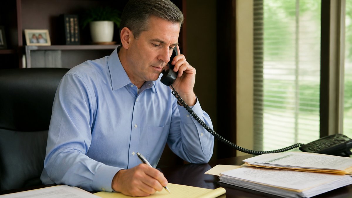 Financial advisor or insurance agent speaking on phone at desk with prospect information and CRM system visible on computer screen