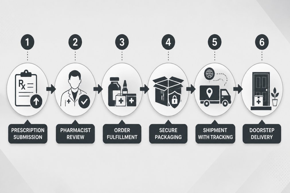 Flowchart showing medication delivery process: prescription submission → pharmacist review → order fulfillment → secure packaging → shipment with tracking → doorstep delivery