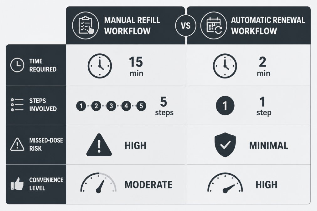 Comparison matrix showing manual refill workflow vs. automatic renewal workflow: time required (15 min vs. 2 min), steps involved (5 steps vs. 1 step), missed-dose risk (high vs. minimal), convenience level (moderate vs. high)