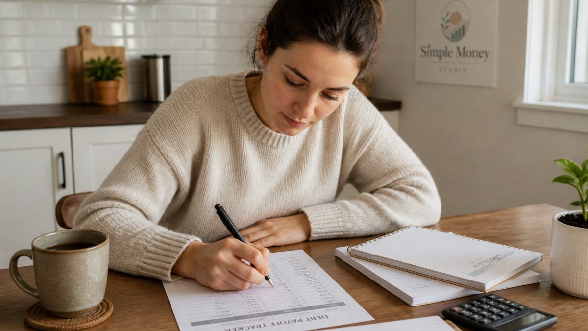 A young adult sitting at a kitchen table with a printable debt payoff tracker, pen in hand, writing down debt balances with a cup of coffee nearby