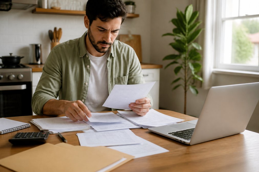 Person sitting at a kitchen table organizing financial documents including pay stubs, tax returns, and bank statements, with a laptop open beside them, warm natural window light illuminating the workspace