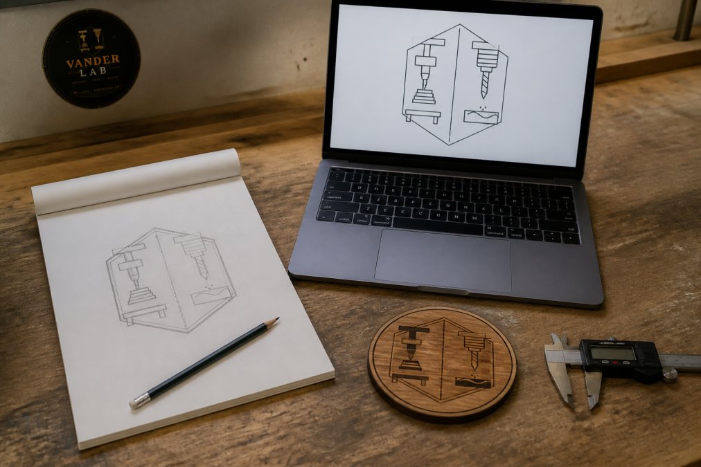 Workflow showing the conversion of rough sketches on paper into digital vector files on a laptop screen