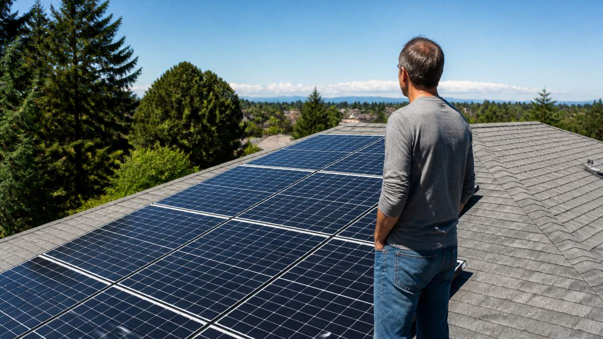 Homeowner standing on residential roof examining newly installed solar panels with clear sky in background, natural daylight
