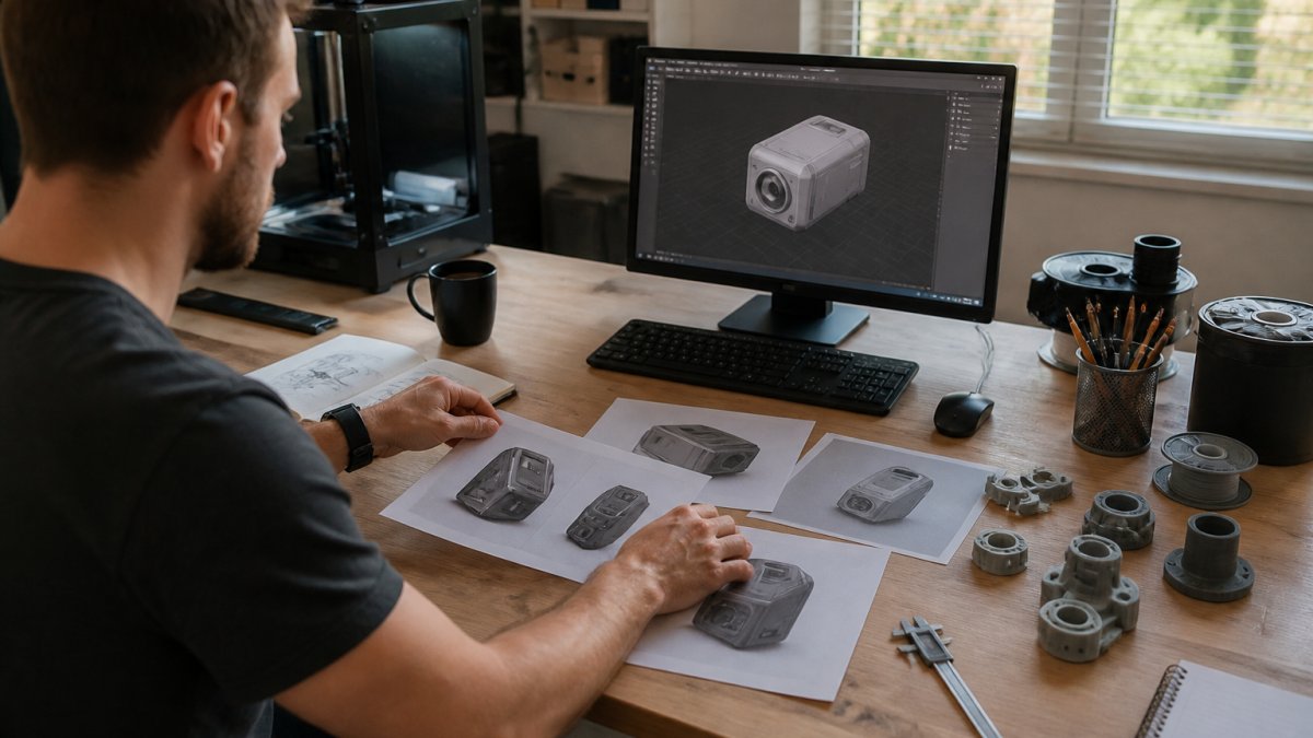 Designer arranging product reference photos on a desk next to a computer screen running 3D modeling software