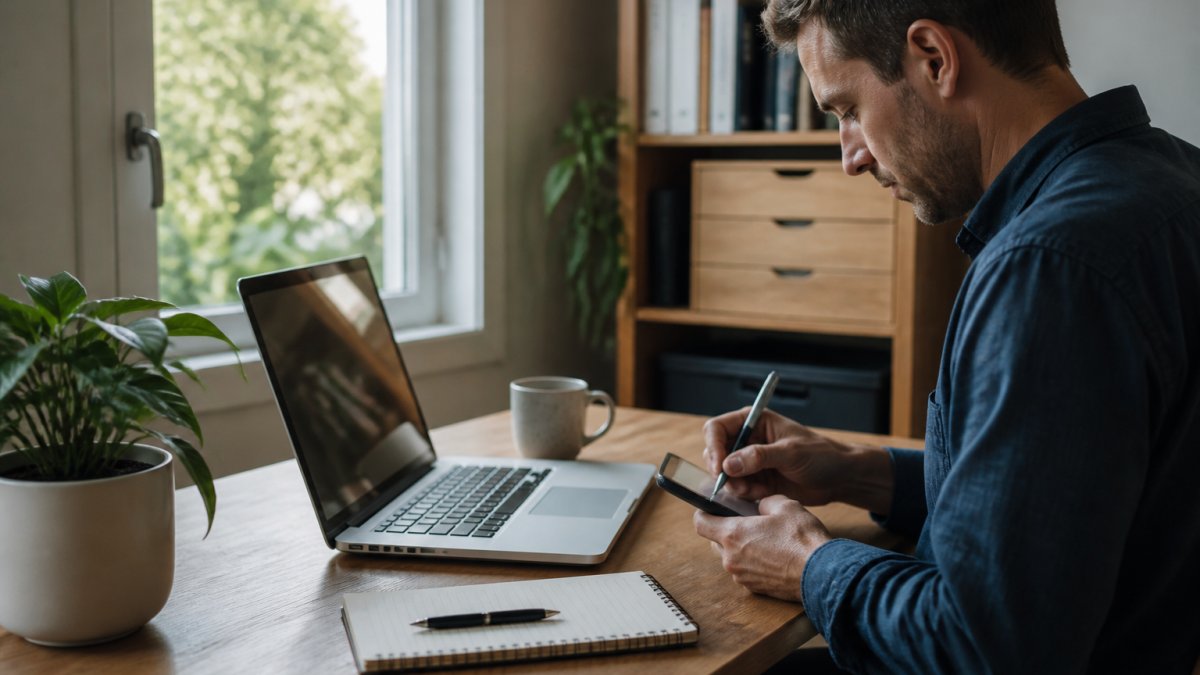 A freelance consultant at a tidy desk writing a quick note on a phone while a laptop shows an open inbox, coffee cup and paper notepad beside it, soft morning light