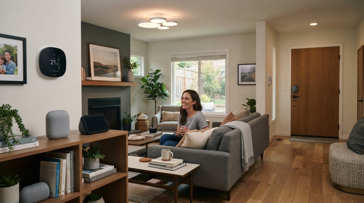Modern living room displaying multiple smart home devices in action: smart speaker on shelf, smart lighting fixtures illuminating the space, smart thermostat visible on wall, smart lock on entryway door, all working as a unified system