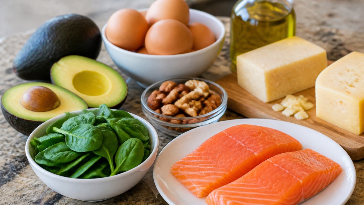 Overhead shot of a kitchen counter with fresh keto staples: avocados, eggs, salmon fillets, spinach, cheese blocks, olive oil, and nuts arranged in small bowls