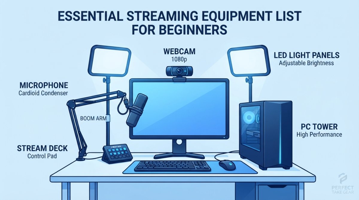 Creator's desktop workspace showing a mounted webcam on top of a monitor, microphone on a boom arm with shock mount, ring light positioned to the side, and a laptop displaying streaming software