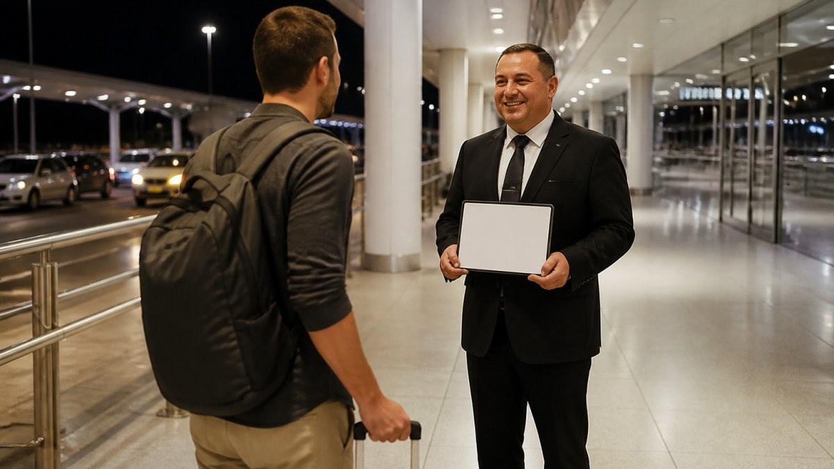 Chauffeur greeting a traveler at the airport for a trip to Surfers Paradise after midnight.