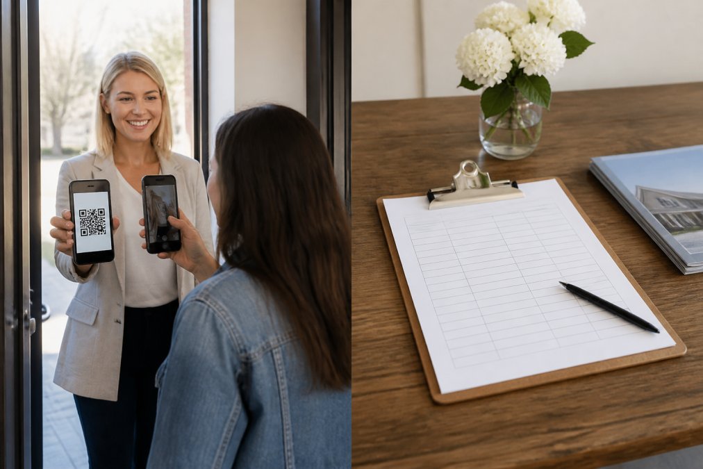 Real estate agent at an open house entrance with a smartphone displaying a QR code, visitor scanning it in the foreground with natural sunlight streaming through the doorway