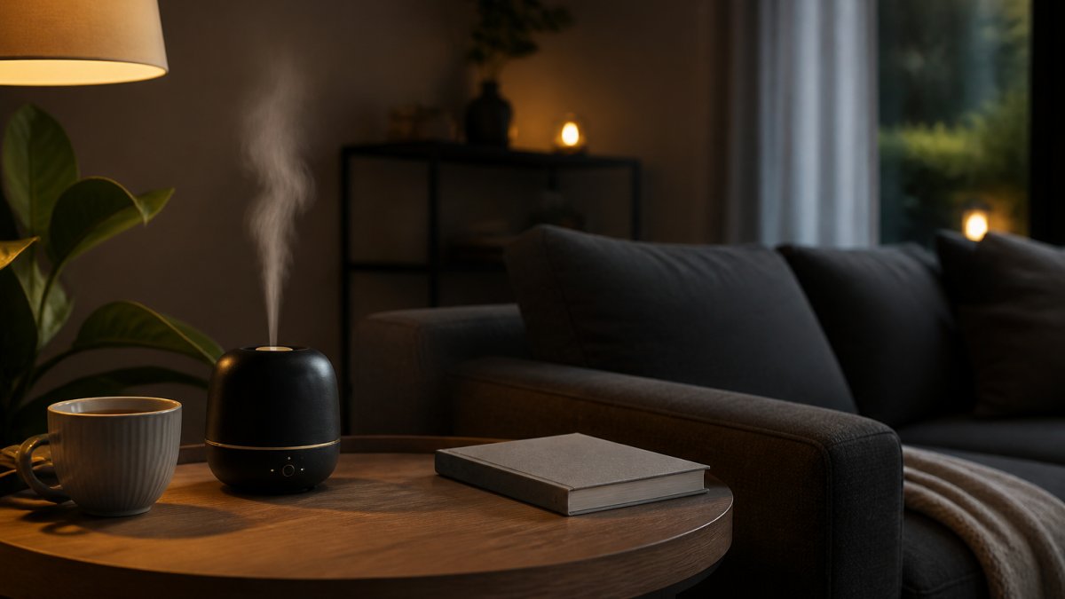 Een stijlvolle woonkamer met een compacte zwarte aromadiffuser op een houten bijzettafel, zachte avondverlichting, een boek en een kop thee ernaast