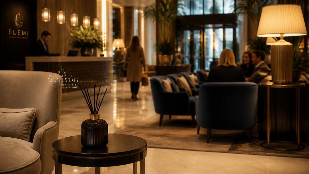 Stijlvolle hotellobby met een geurdiffuser op een bijzettafel en gasten die ontspannen in comfortabele zetels.