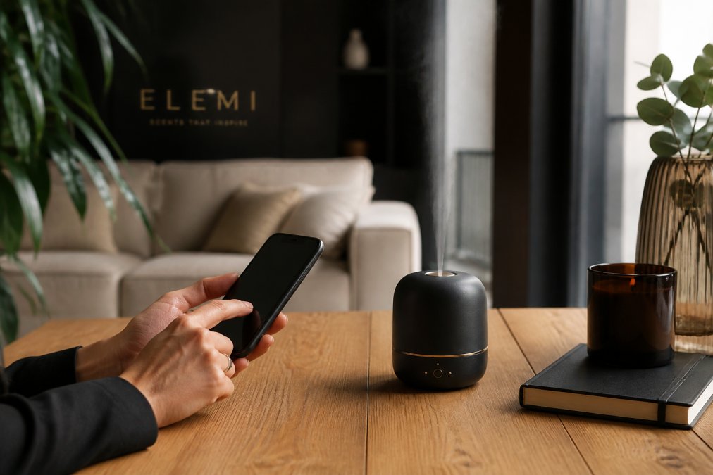 Close-up van handen die de Elemi-app op een smartphone bedienen naast een zwarte Elemi-diffuser op een houten tafel in een modern interieur