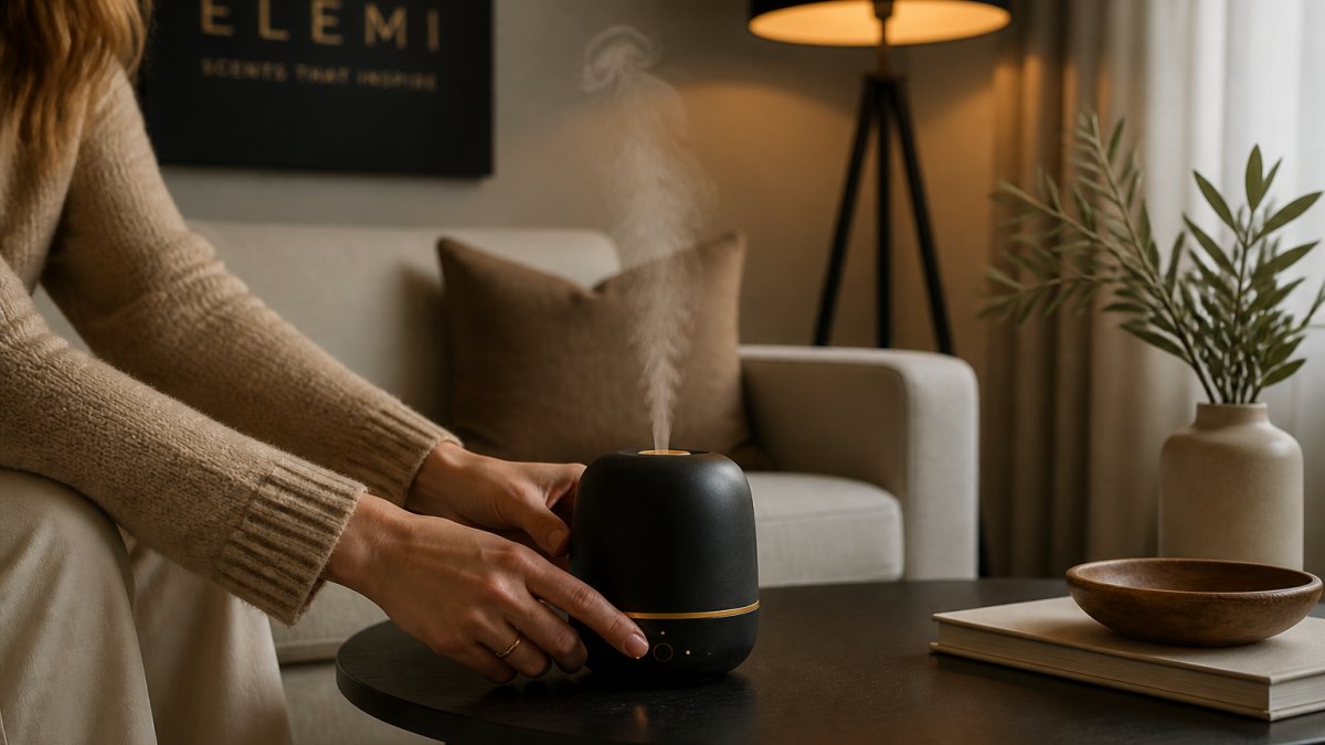 Close-up van handen die een aroma diffuser met app-bediening instellen in een stijlvolle woonkamer, subtiele nevel zichtbaar in het lamplicht