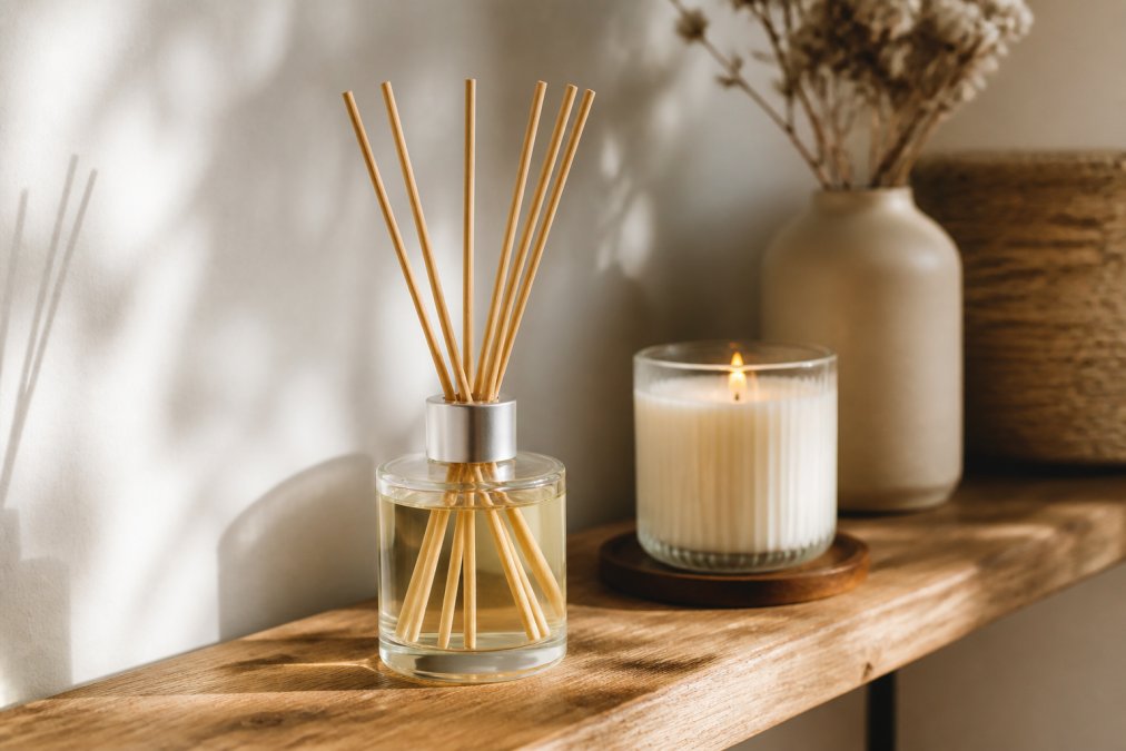 Close-up van houten geurstokjes in een helder glazen fles met geurvloeistof, geplaatst op een houten plank met warm natuurlijk licht dat de textuur benadrukt
