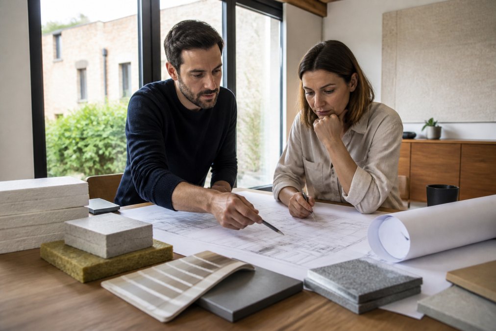 Huiseigenaar en architect bespreken gevelrenovatieplannen aan een bureau met technische tekeningen en isolatiemonsters in natuurlijk licht