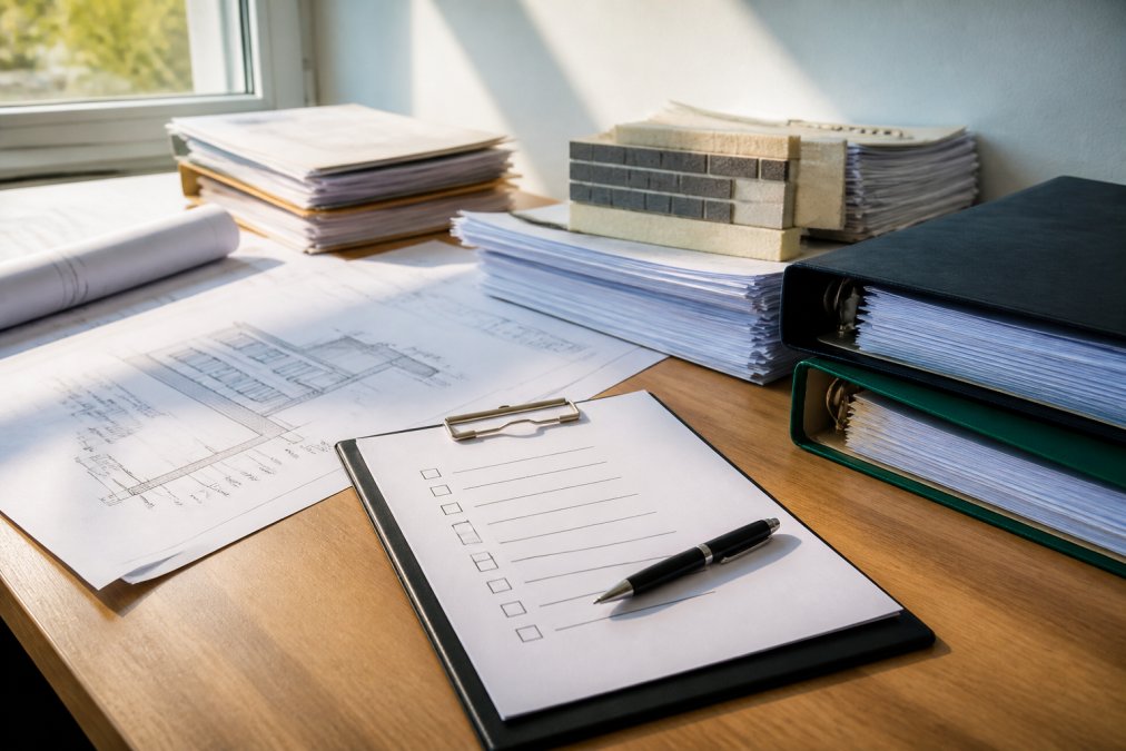 Georganiseerde papieren, mappen, technische tekeningen en een checklist met pen op een bureau met natuurlijke verlichting