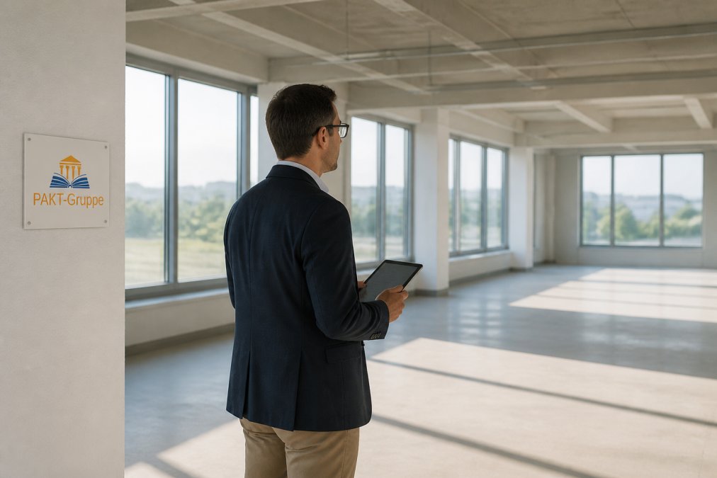 Zertifizierter Sachverständiger führt Immobilienbesichtigung durch, inspiziert Gewerbefläche mit Tablet, helles Tageslicht fällt durch große Fenster