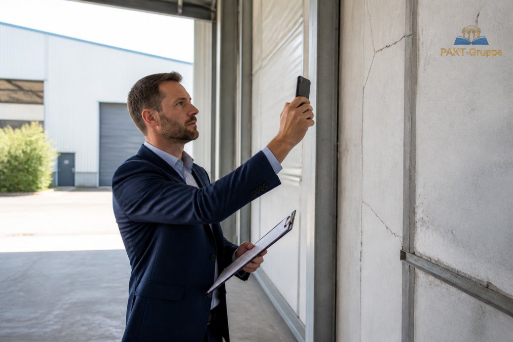 Ein Sachverständiger in professioneller Kleidung besichtigt eine Gewerbehalle, notiert Maße auf einem Klemmbrett und fotografiert Risse in der Bausubstanz bei Tageslicht