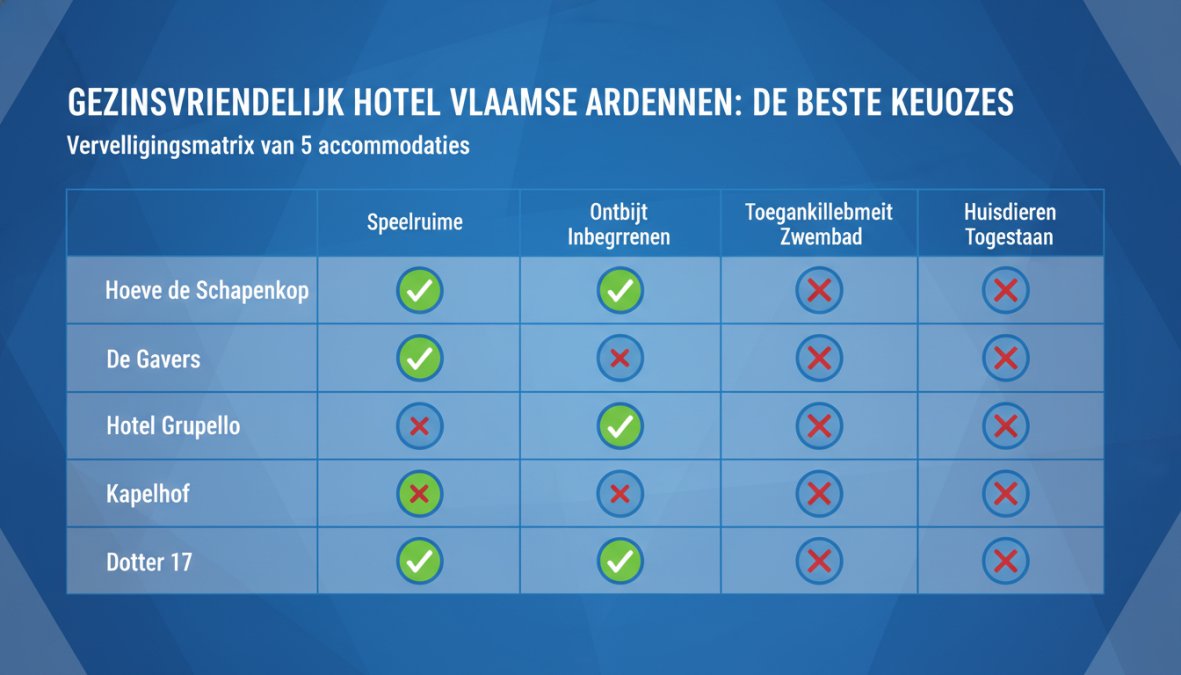 Vergelijkingsmatrix van 5 accommodaties (Hoeve de Schapenkop, De Gavers, Hotel Grupello, Kapelhof, Dotter 17) op 6 criteria: speelruimte, ontbijt inbegrepen, Green Key label, toegankelijkheid A+, zwembad, huisdieren toegestaan - met vinkjes en kruisjes per cel