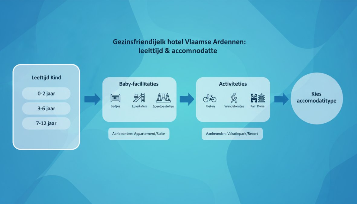Beslisboom voor ouders: kies accommodatietype op basis van leeftijd kind: 0-2 jaar pijl naar baby-faciliteiten prioriteit (bedjes, luiertafels, omheinde tuin); 3-6 jaar pijl naar speeltoestellen en binnenspeelruimte; 7-12 jaar pijl naar fietsen, wandelroutes en daguitstap Pairi Daiza - met aanbevolen verblijfstype per tak