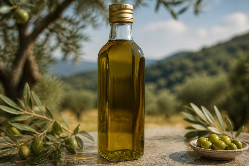 Close-up van een fles originele extra vierge olijfolie met authentieke verpakking, waarin de diepgouden-groene kleur en labeldetails zichtbaar zijn, geplaatst op een neutraal oppervlak