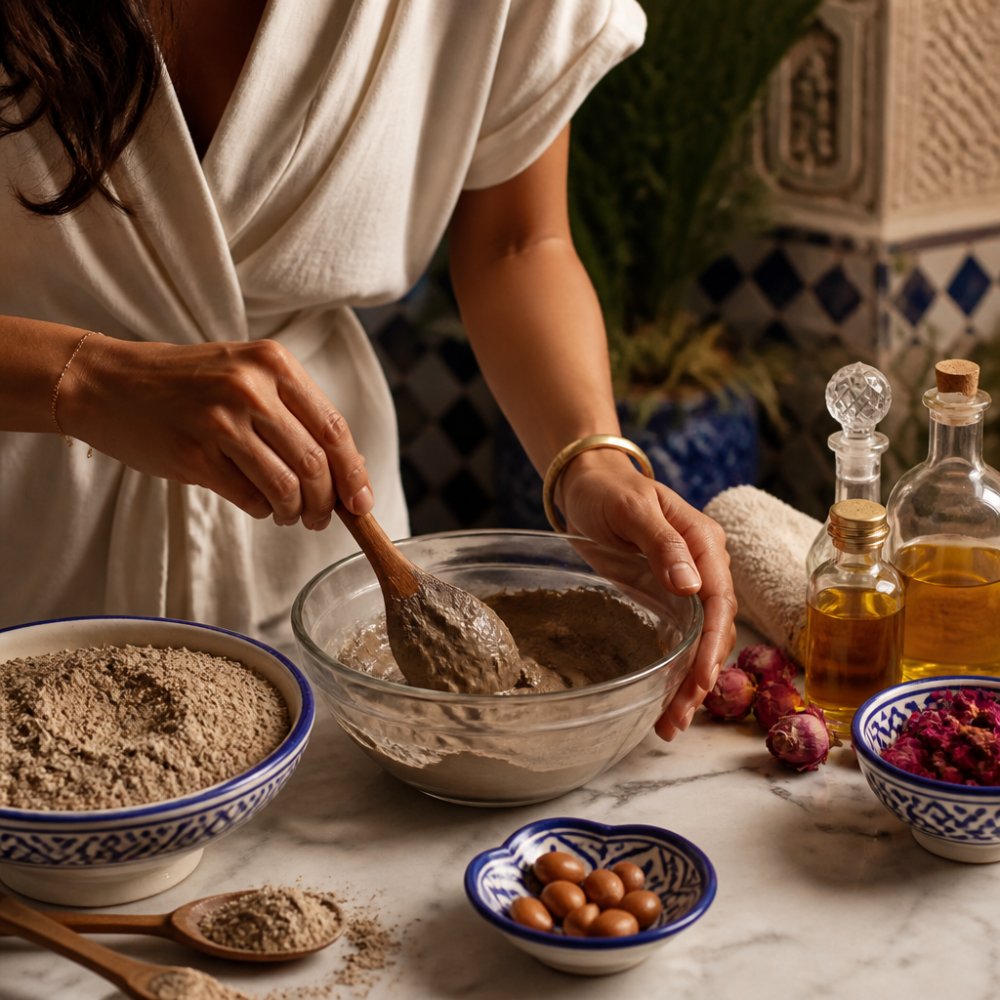 Close-up of hands mixing ghassoul clay powder with water in a glass bowl, with fresh ingredients like argan oil and rose water arranged nearby on a marble surface