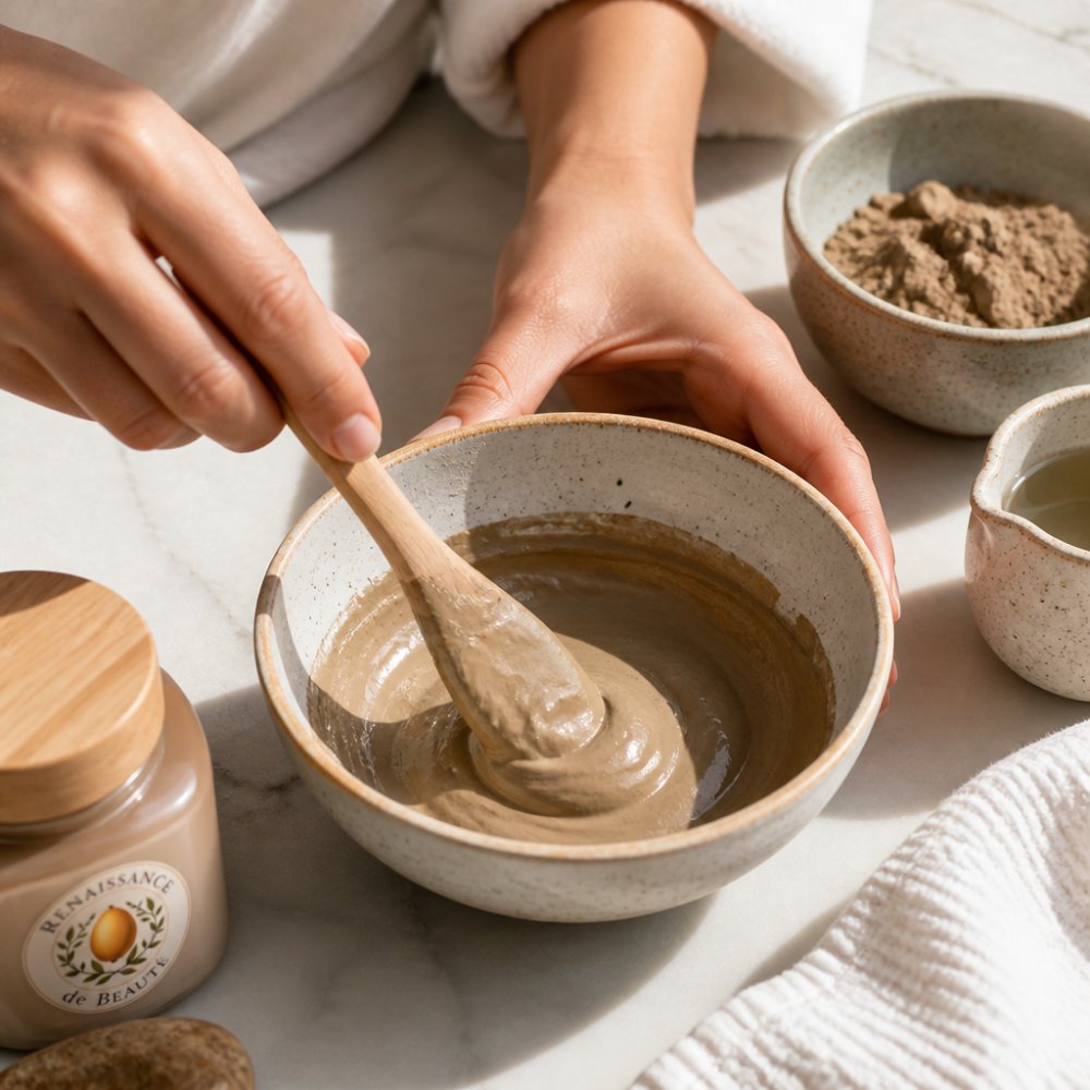 Close-up of hands mixing ghassoul clay powder with water in a ceramic bowl, showing the creamy beige paste texture forming before application to face, with natural morning light streaming across the marble counter