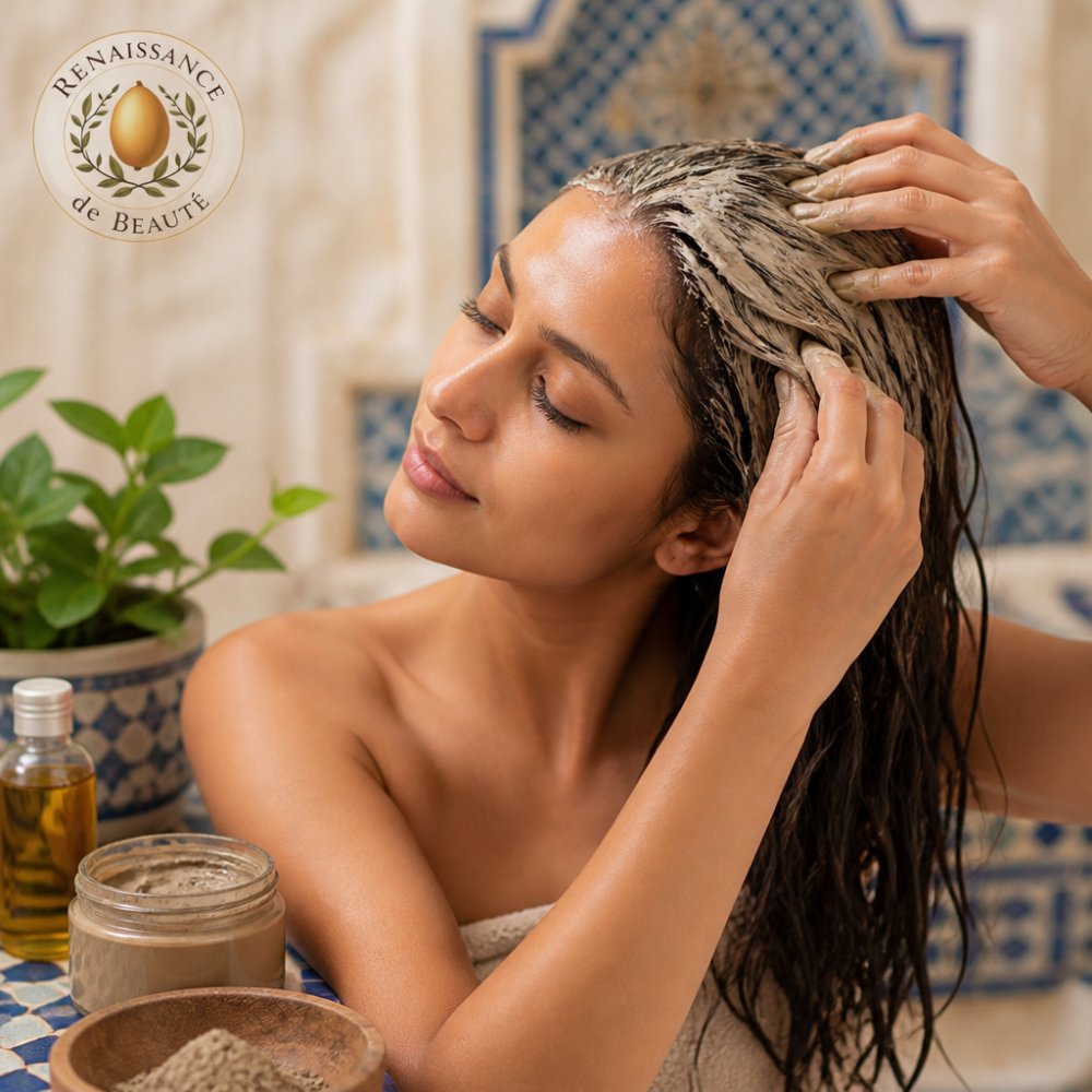 Woman with damp hair applying ghassoul clay mask to scalp and hair lengths, demonstrating gentle massage technique with fingertips, warm lighting showing the creamy clay texture in her hair