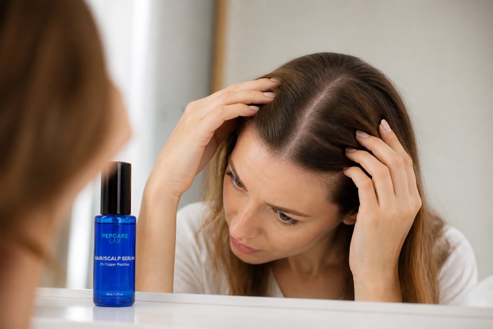 Close-up of a person gently parting their hair to examine the scalp, with soft natural light highlighting hair density and scalp texture