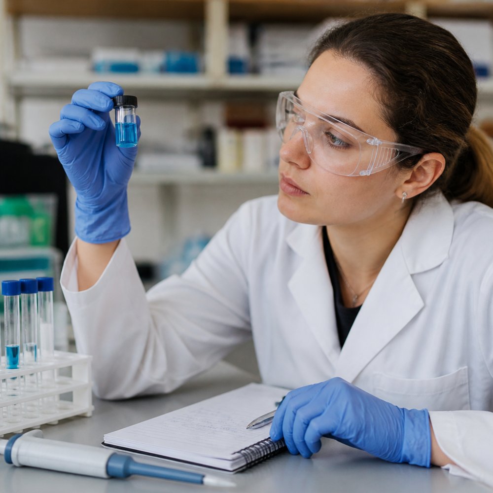 A laboratory researcher in gloves and safety glasses examining a small glass vial of blue-tinted copper peptide solution under bright bench lighting, with a notebook and pipette nearby
