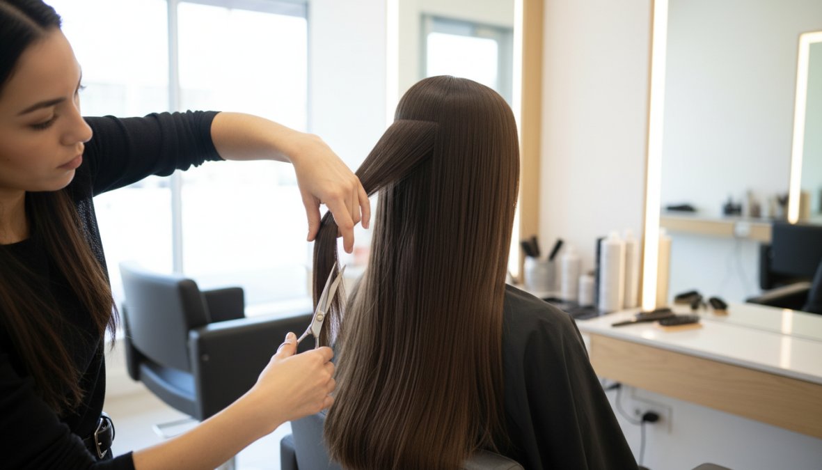 Una hair stylist professionista con le mani tra i capelli lunghi e lisci di una cliente seduta in un salone moderno e luminoso, che esegue un taglio morbido e preciso con le forbici, illuminata da luce naturale proveniente da una grande finestra