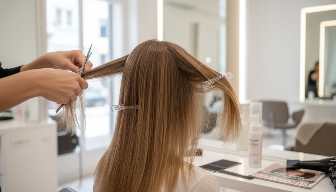 Primo piano di capelli fini, luminosi e ben curati di una donna, fotografati in luce naturale morbida che esalta la texture leggera, il volume e il movimento naturale delle ciocche