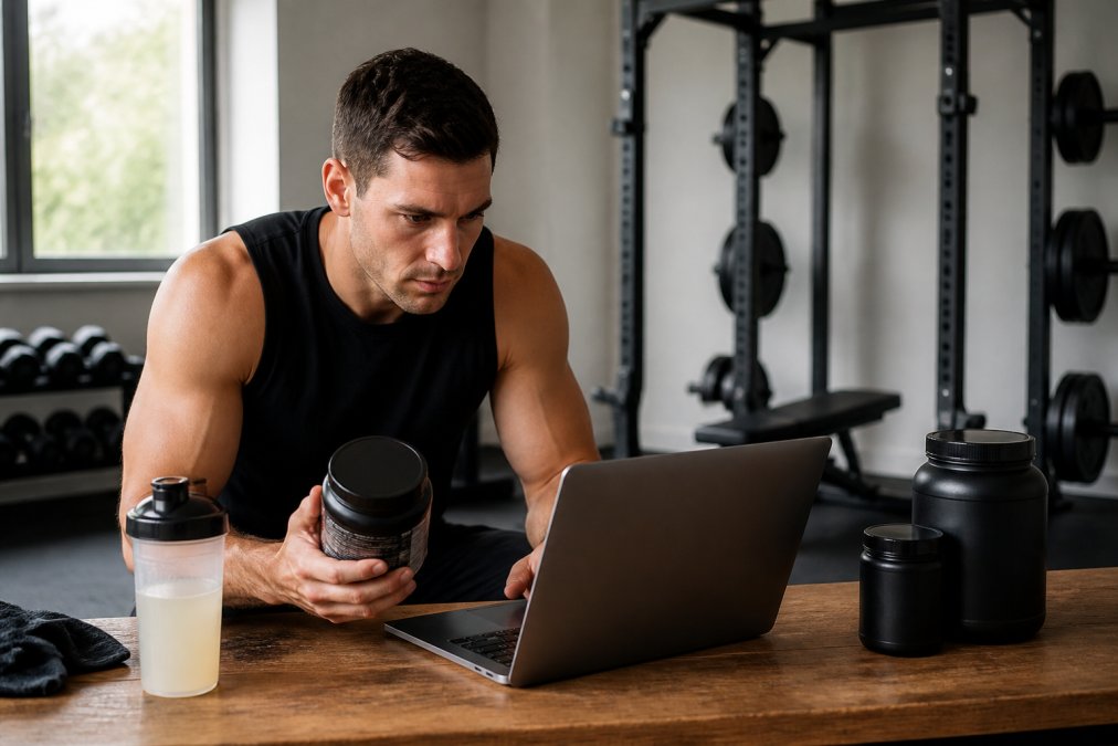 A focused athlete in a bright home gym reviewing supplement labels on a laptop, with a clean pre-workout drink nearby on a wooden bench
