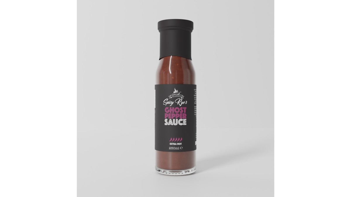 Array of fiery hot sauce bottles including the Black Edition arranged by heat intensity, with fresh Carolina Reaper and Ghost Pepper chillies scattered around them on a dark slate surface, dramatic lighting highlighting the deep red and black sauce colours