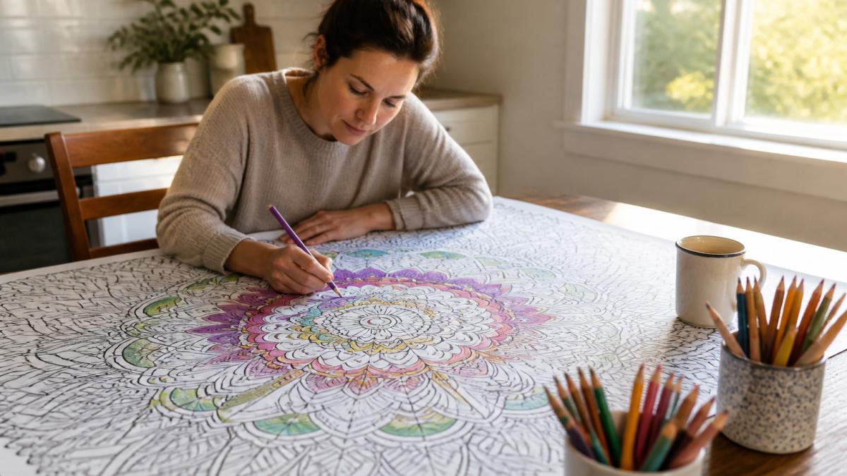 An adult sitting at a wooden kitchen table, coloring a huge 30x50 inch mandala sheet with colored pencils, mug of tea nearby, warm afternoon light through a window