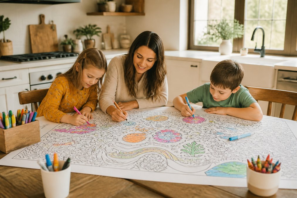 Diagram showing how giant coloring pages foster collaborative learning for neurodivergent and mixed-age students.