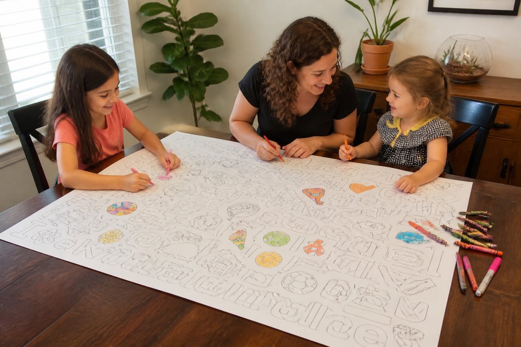 A family of three, parent and two children ages 5 and 9, sitting around a large coloring sheet spread across a dining table, actively coloring with markers and crayons, smiling and engaged in conversation