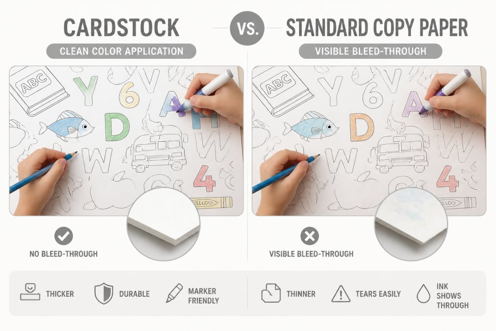 Close-up of hands applying markers and colored pencils to two sheets side by side, one cardstock and one standard printer paper, showing visible bleed-through on the standard paper and clean color application on the cardstock